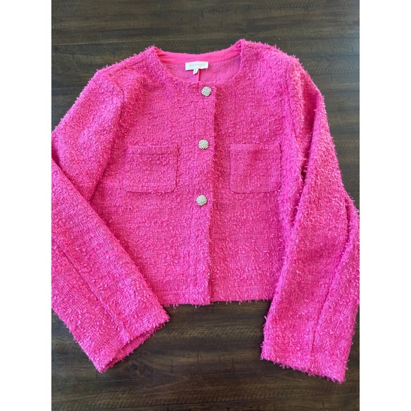 Melloday Pink Tweed Jacket Womens XL Rhinestone Button Front Career - Picture 1 of 6